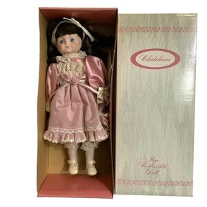 Chatelaine Vintage Porcelain Doll 1988 R.H. Macy Lace Pink Dress Dark Hair Box